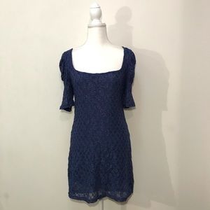 Free People Blue Lace Square Neck Bodycon Wide Neck Half Sleeve Dress Lace Y2K